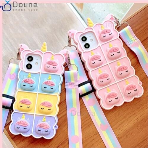 Relieve Stress 3D Unicorn Lanyard Rainbow Case for IPhone 12 Mini 11 Pro XS Max X XR 6 7 8 Plus Pop Fidget Toy Push Bubble Cover