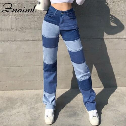 Znaiml High Waist Contrast Color Patchwork Ripped Jeans Women Casual Straight Trouses Ladies Loose Streetwear Denim y2k Pants