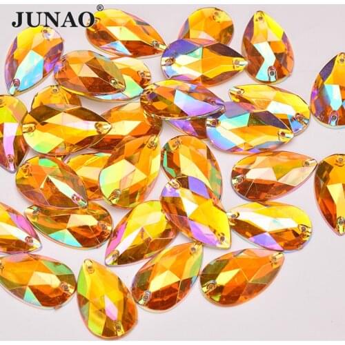 JUNAO 100pc 17*28mm Yellow AB Sewing Teardrop Rhinestone Stones Applique Acrylic Strass Diamond Flat Back Crystal Stones