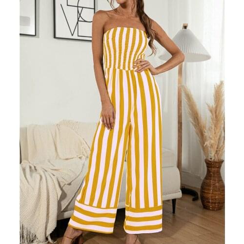 Sexy Off-the-shoulder Jumpsuit Women Summer Striped Print Wide Legs Pants Beach Boho Loose Patchwork Romper Fashion Streetwear