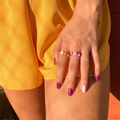 Fashion Colorful Heart Ring Korean Version Hand-woven Bead Yin Yang Ring Rice Beads Small Flower Ring Women Girl Jewelry