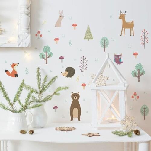 Cartoon Animals Small Tree Wall Stickers Living Room Bedroom Background Wall Decorative Stickers Kids Room Decor Nursery Mural
