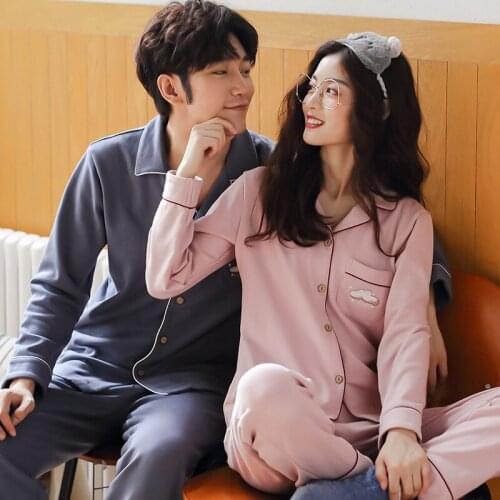 Couple pajamas spring and autumn cotton thin long sleeve womens home clothes summer Korean mens summer two piece suit