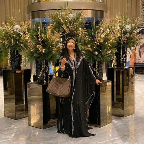 African Plus Size Bat Long-Sleeved Dress Fashion Pearl Chiffon Heavy Industry Hot Drilling Gun Bead Dress With Inner Skirt 2021