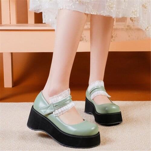 PXELENA Plus Size 34-46 Girls Wedge Chunky Platform High Heels Lolita Shoes Lace Ruffles Punk Gothic Creepers 2021 Spring Fall