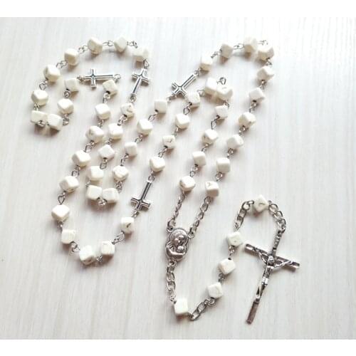 QIGO Religious Pray Jewelry Metal Cross White Square Stone Rosary Necklace For Men Women