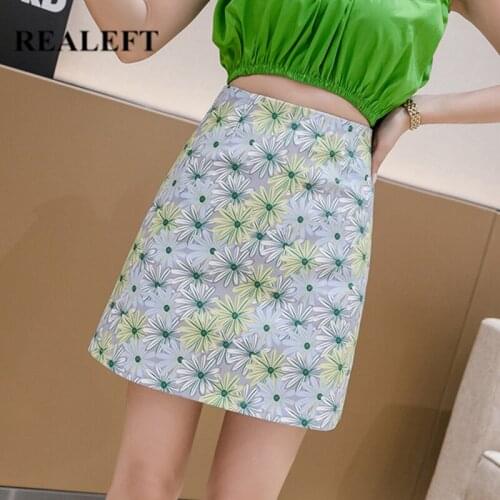 REALEFT 2021 New Summer Skirt Female Fashion Summer Floral Printed Skirts Elegant High Waist Mini Length A-line Skirt for Women