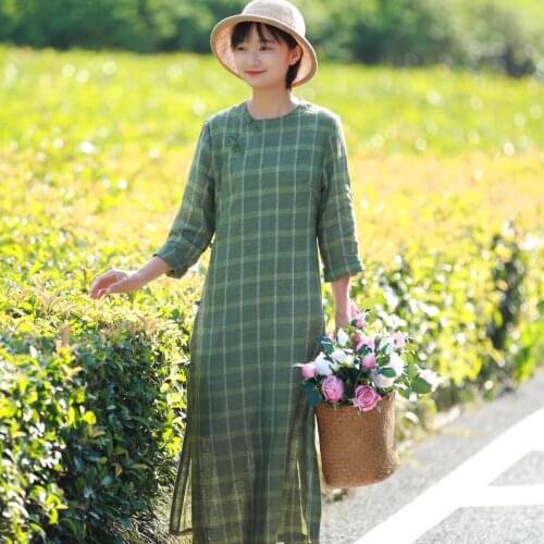 S992 Yarn Dyed Flax Dress Thin Lattice Chinese Style Longuette Robe Small Single dress