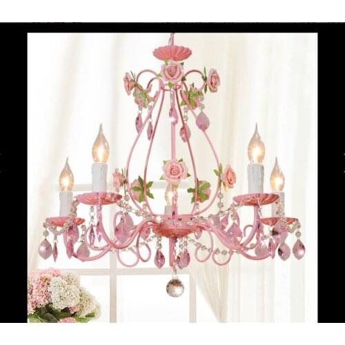Modern European Pink Chandelier Lamp Lustre Children Pendant Light Pink Rose Flower Lighting Fixture E14 Decoration Chandelier
