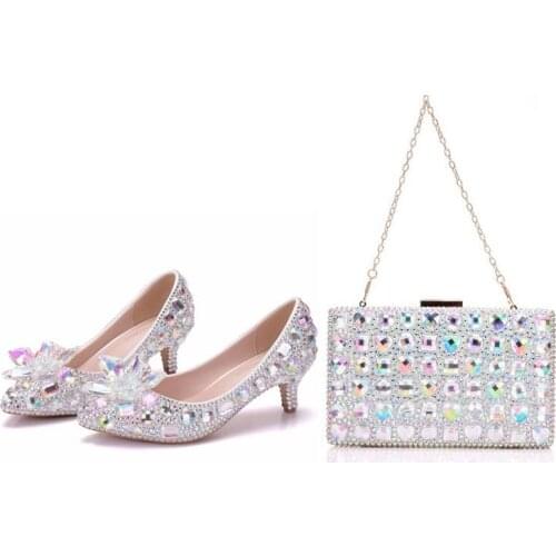 High Heels Pointed toe Women Wedding shoes with matching bags Bride Party Dress shoes and purse set Crystal Flower Thin heel