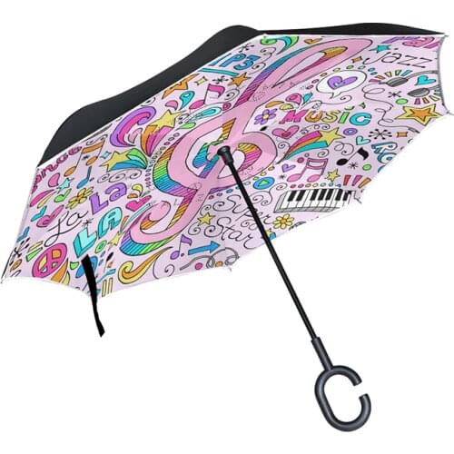 Music Note Pattern Windproof C-Type Folding Reverse Umbrella Hands-Free Rain Women Outdoor Double Layer Inverted Umbrellas