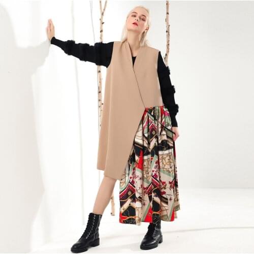 2020 New Spring Casual Holiday Style Lady Coat Plain Color Patchwork Print Sleeveless Jacket Oversize Long Women Waistcoat