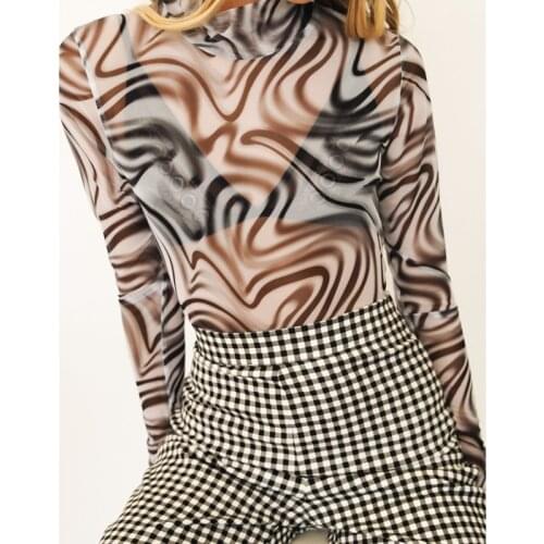 Women See-through Mesh T-shirt Adults Slim-fit Printed Long Sleeve Stand Collar Pullover