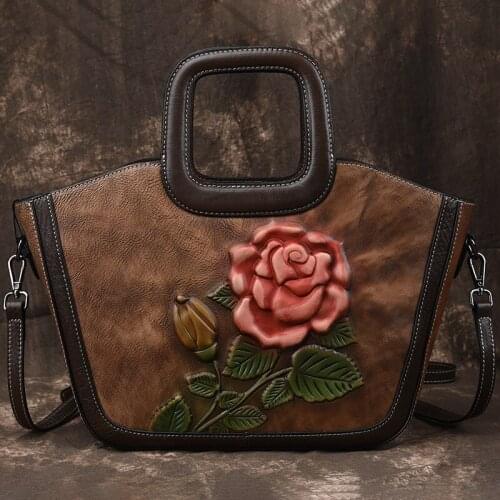 Genuine Leather Handmade Embossed Women Bag 2021 Summer New Luxury Floral Nature Cowhide Handbag Large Capacity Shoulder Bags