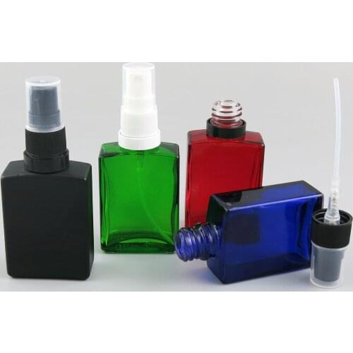 10PCS 30ml Blue Green Clear White Red Flat Square Glass Skin Care Essence Oil Bottle With Tamper Evident Spryaer Refillable