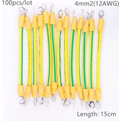 100pcs 15cm Length 12 AWG 4mm2 BVR Yellow-Green Solar Grounding Wire with Terminals Copper PV Cabinet Bridge Leakage Earth Cable
