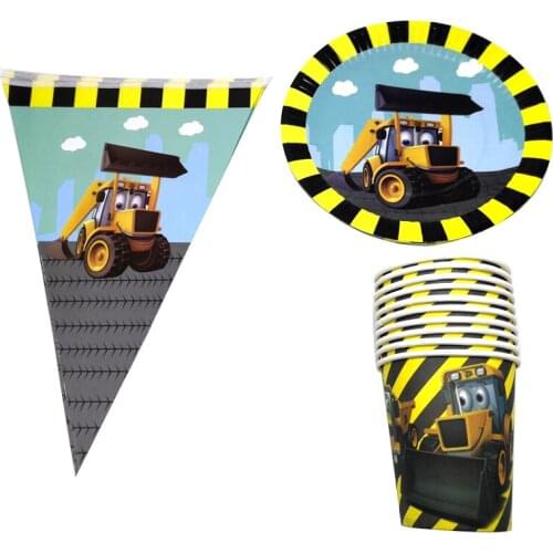 50pcs/lot Bulldozer Theme Plates Dishes Baby Shower Tableware Set Happy Birthday Events Party Flags Cups Decorate Hanging Banner