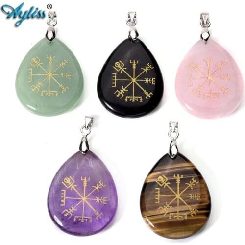 Ayliss Gem Waterdrop Pendant Guidepost Compass Vegvisir Natural Stone Pendant Necklace Engraved Old Northern Europe Viking Rune