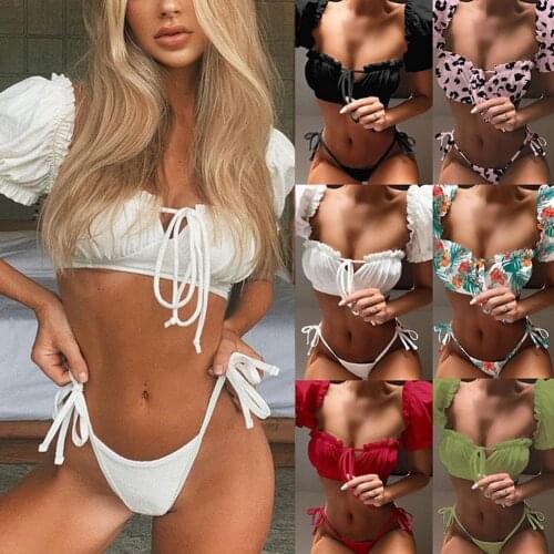 White Ruffle Swimsuit Female Bandeau Bikini 2021 Side Bathing Short Tie Suit Cut Biquini High Swimwear Sleeve Women S F2L9