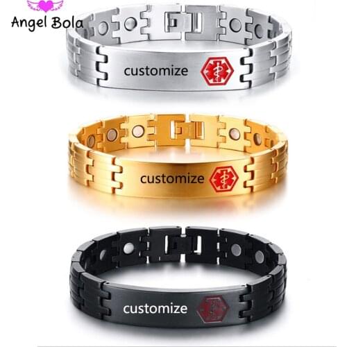 Free Engraving 12mm Medical Alert ID Bracelet for Men Bangle Health Care Magnetic Energy Stainless Steel Male Jewelry