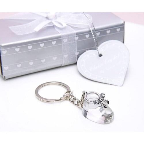 50pcs/lot Crystal Collection Baby Shoe Keychain Keyring Bootie Key Ring Christening Wedding Gifts Baby Shower Favors ZA4410