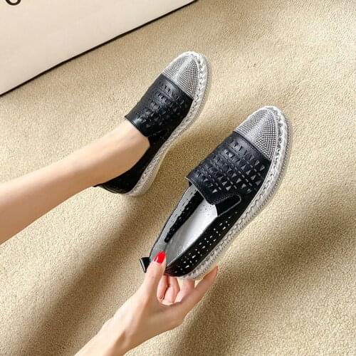 Brand womens shoes summer and autumn breathable hollow thick-soled casual shoes flat shoes loafers with rhinestones