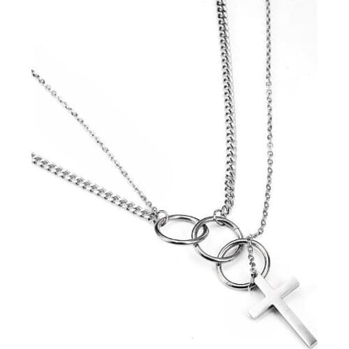 Stainless Steel Hip Hop Chain Link Round Circle Cross Pendant Necklace Fashion Jewelry Gift For Him