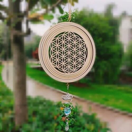 Wooden Flower Wind Spinner Flower Of Life Art Pendant Yoga Meditation Wall Decoration For Home Office