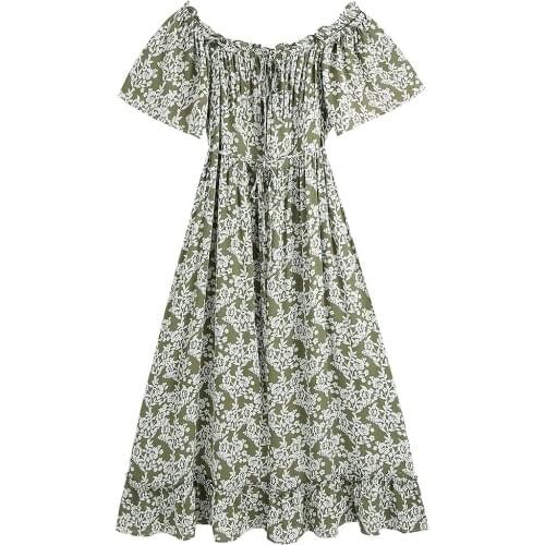 Jastie 2021 New Women Summer Dresses Bohemian Floral Print Square Neck Wood Ear Puff Sleeve Lace-Up Midi-Dress Beach Party Dress