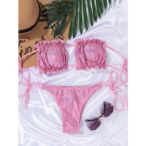 Bikini Set Women Sequin Solid Pink Off Shoulder Swimwear Ruched Hollow Out Pleat Push Up Padded Bathing Suit Swimsuit Beachwear