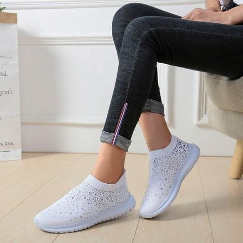 Women Flats Sneakers Crystal Fashion Bling Sneakers Casual Slip On Sock Trainers Summer Women Vulcanize Shoe Zapatillas Mujer
