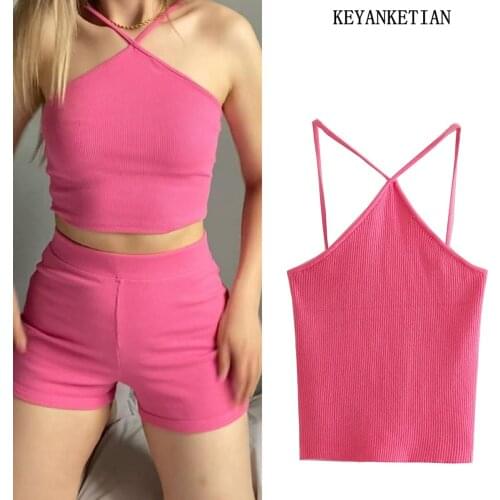 KEYANKETIAN za Womens 2021 fashion hollow short knit vest retro open back thin shoulder strap womens Camis Mujer
