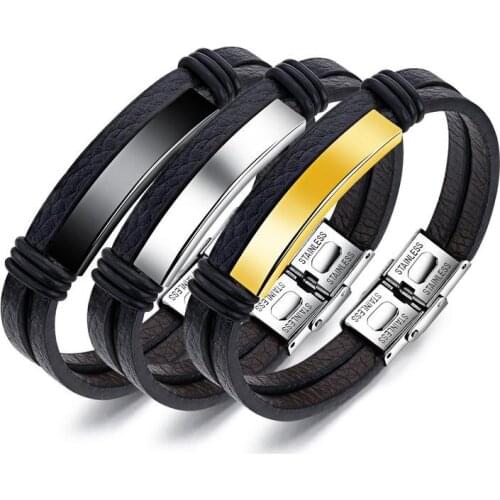 Mens 2020 Jewellery AliExpress Hot Sale Black Stainless Steel Mens Leather Bracelet Student Jewelry Name Bracelet Gold