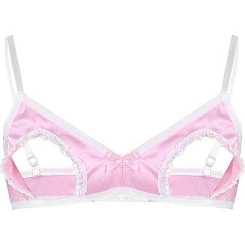 Mens Sissy Lingerie Sexy Open Cup Lace Bra Soft Smooth Satin Spaghetti Straps Hollow Out Nipples Wire-free No Padded Bra Tops