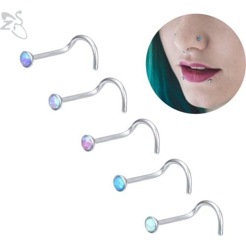 ZS 3-5pcs/lot Stainless Steel Nose Stud Set Blue Purple Opal Nose Piercings 20g Nose Retainer Pin L Shape 2MM Nostril Piercing