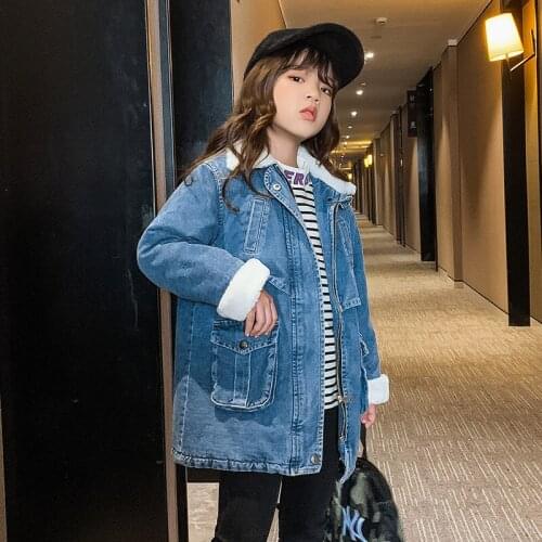 Oversize Casual Winter Girls Jean Coats Plush Velvet Thicken Warm Teen Girls Denim Jackets Washed Distressed Kids Outwear 4-13T