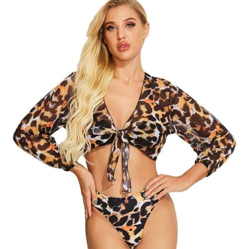 Newest Womens 3 Piece Bathing Suit Long Sleeve Knot Front Leopard Cover Ups+Triangle Bikini Tops+Shorts Set