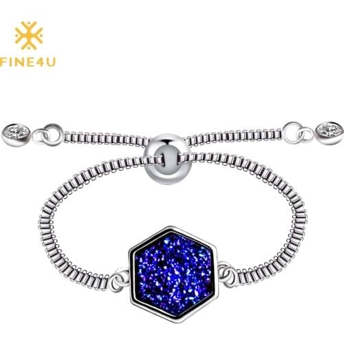 2018 New FINE4U B021 Natural Druzy Stone Charm Bracelet Adjustable Chain Link Bracelet For Women Bridal Wedding Jewelry