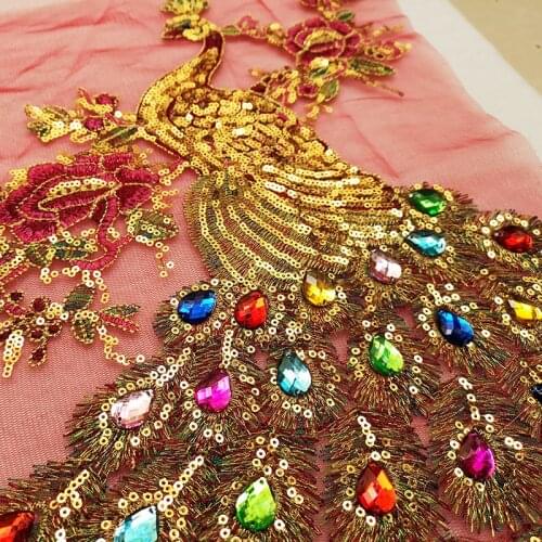 Sequin Peacock Rhinestone Feather Tail Embroidered Gown Appliques Lace Fabric Black Mesh Sew Patch For Wedding Supplies