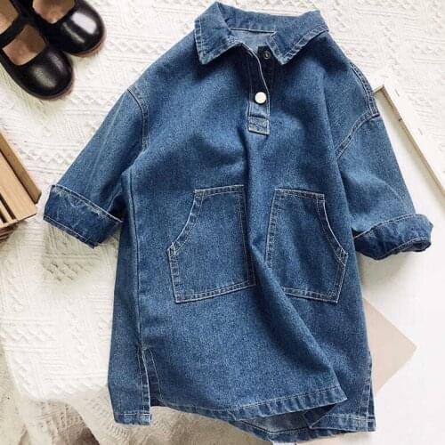 New Spring Autumn Girls Dress Long-Sleeve Solid Color Denim Dress Casual Loose Pocket Children Dress Kids Clothes