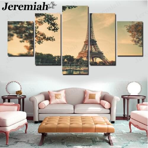 Romantic Eiffel Tower Canvas Painting 5 Pieces Architectural Scenery Hd Poster Wall Art Modern Home Room Decoration Accessories