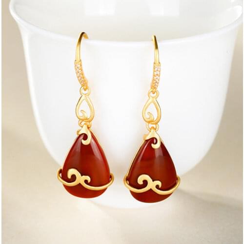 S925 Sterling Silver Gold Plated Natural South Red Agate Classic Drop-Shaped Womens Earrings Earrings Ear Hook Earring Ornament