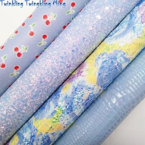 Flowers Printed Blue Glitter leather, Cherry Printed Synthetic Leather Faux Fabric Sheet For Bow 21x29CM Twinkling Ming KM364