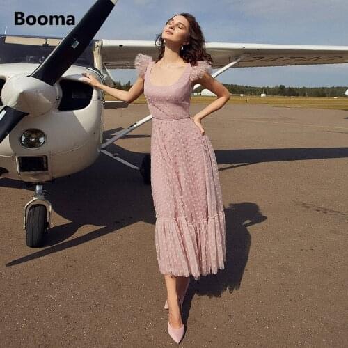 Booma Pink Polka Dots Tulle Midi Prom Dresses Scoop Short Flutter Sleeves Evening Party Gowns Cut-out Back A-Line Formal Dresses