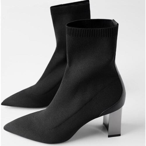 Knitted plated silver chunky heels sock bottes femme patchwork pointy toe fashion botas mujer high heels knight boots women 2020