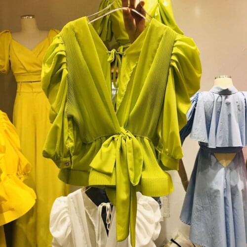 Patchwork Ruffle Lace Up Bowknot Shirt For Women V Neck Puff Sleeve High Waist White Blouse Female 2021 Fashion New Stylish