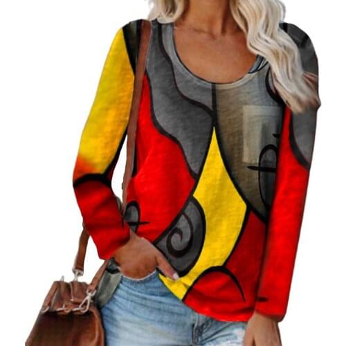 Women Fashion Casual T-shirt Color Matching Loose Autumn Geometric Print Long Sleeve Top for Streetwear Travel Daily Wear
