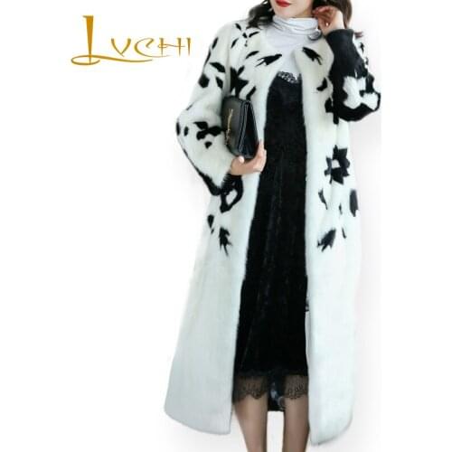 LVCHI Winter 2019 Import Real Mink Fur Coat Print Womens Natural Fur Turn-Down Collar Black White Flower Long Causal Mink Coats