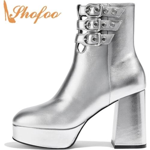 Silver Platform Ankle Boots Vegan Patent Woman High Chunky Heel Buckle Strappy Winter Shoes Round Toe Large Size 14 15 16 Shofoo