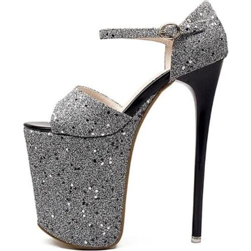 Women Pumps 20CM Thin High Heels Silver Sexy Sequined Cloth Buckle Strap Peep Toe Dress Sexy Party Wedding Bling shoes for women